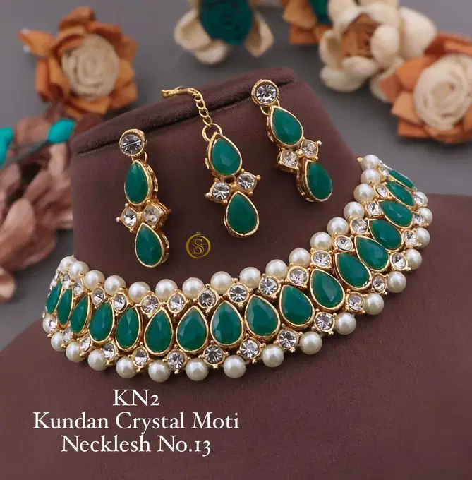 KN 12 designer Kundan Crystal Moti Necklace Set Wholesale Price In Surat
